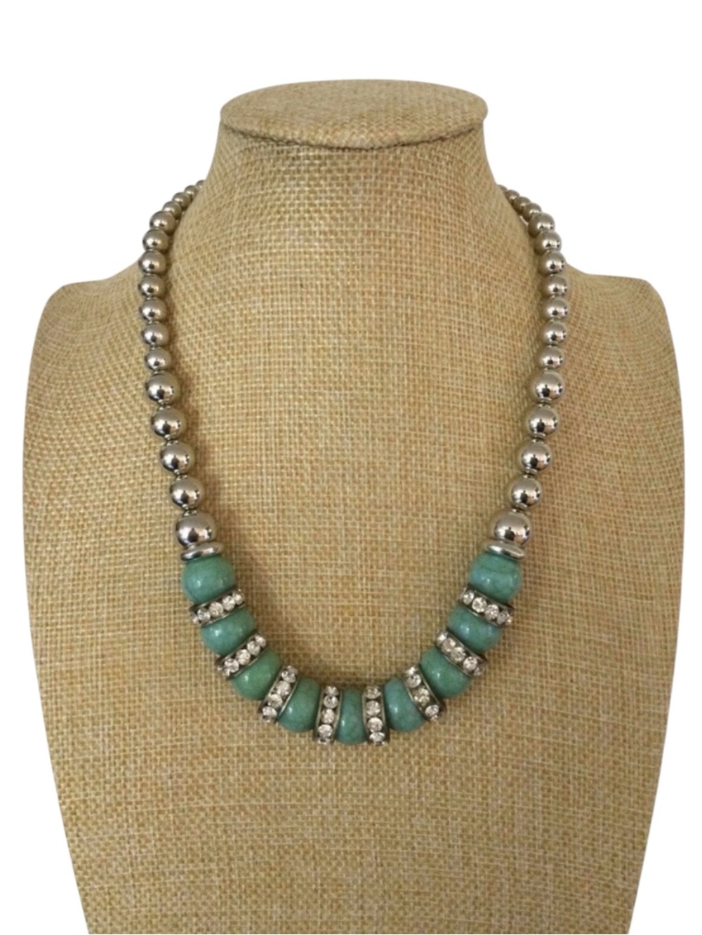 Vintage Estate Silver Bead & Dyed Agate Necklace w/ Sterling Rhinestone Spacers - Picture 8 of 12